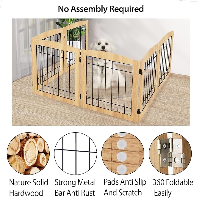 LZRS 6-Panel Extra Wide Wooden Freestanding Dog Gate: Foldable Solid Wood and - Image 3