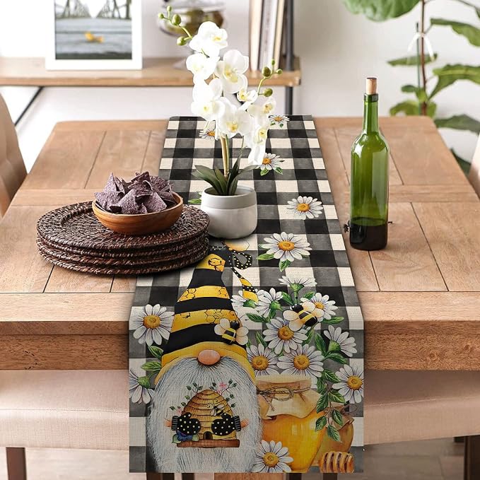 Seliem Spring Bee Gnome Table Runner, Honey Black White Buffalo Plaid Check - Image 2