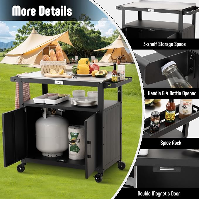 Outdoor Grill Cart with Stainless Steel Tabletop and Storage Cabinet, Movable - Image 6