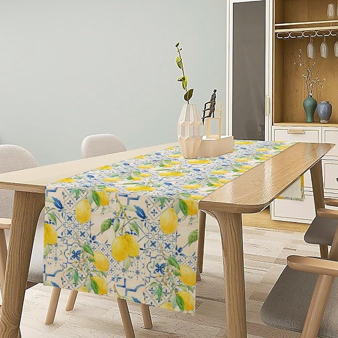 Lemon Table Runner, Summer Fruit Vintage Morocco Blue Tiles Table Runners - Image 3