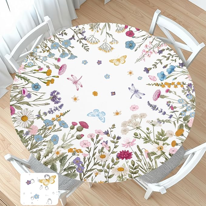 Spring Summer Floral Round Fitted Tablecloth by Unknown