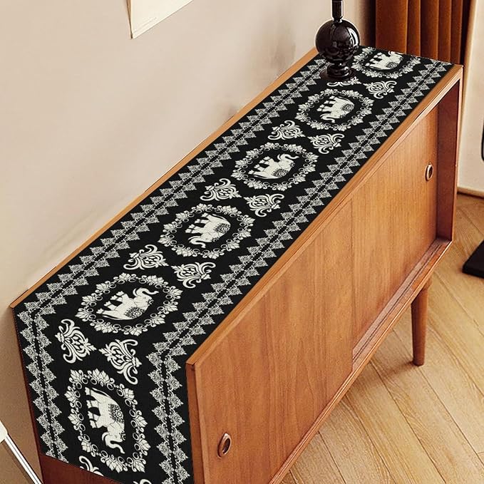 Boho Elephant Table Runner, Rustic Black African Tribe Animal Damask Diwali - Image 3