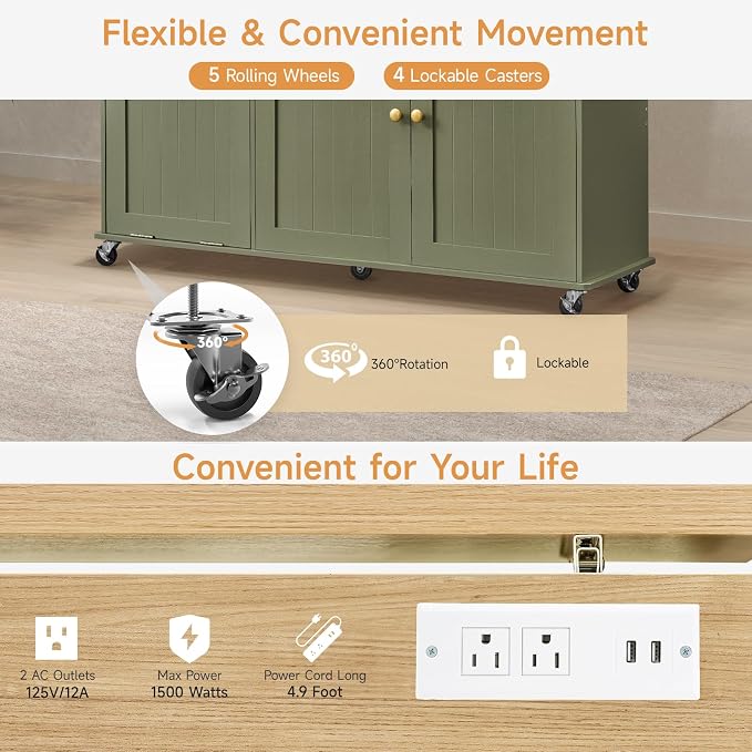 60" Kitchen Island with Power Outlet & Drop Leaf, Kitchen Rolling Island with - Image 5