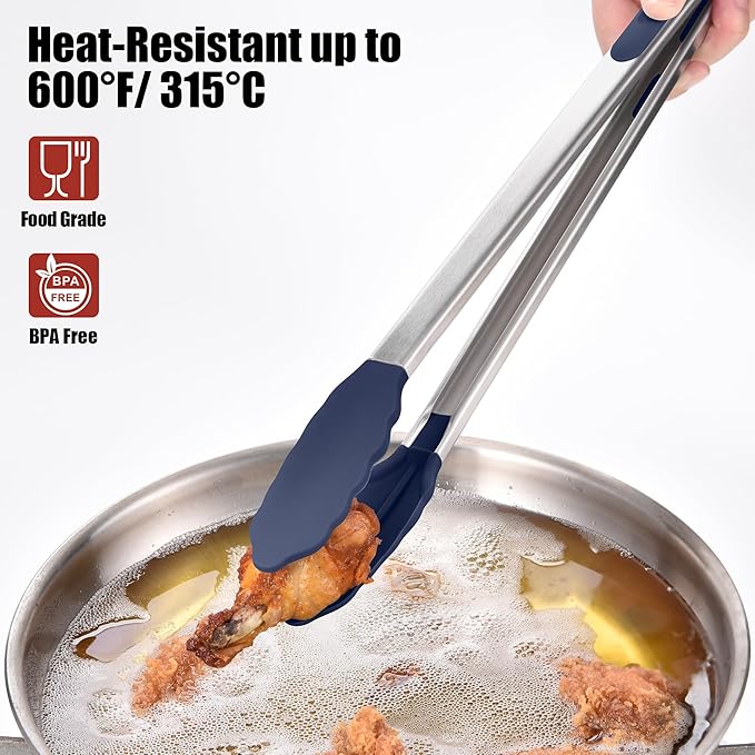 Tongs, 17.2-Inch Navy Blue Stainless Steel with 600°F Silicone Tips