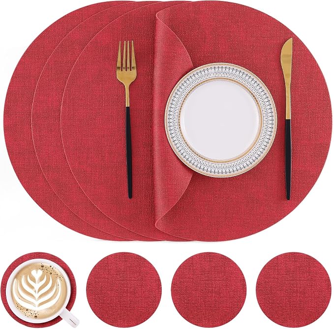 Homaxy Round Faux Leather Placemats and Coasters, Washable Dual-Side Table Mats by Homaxy