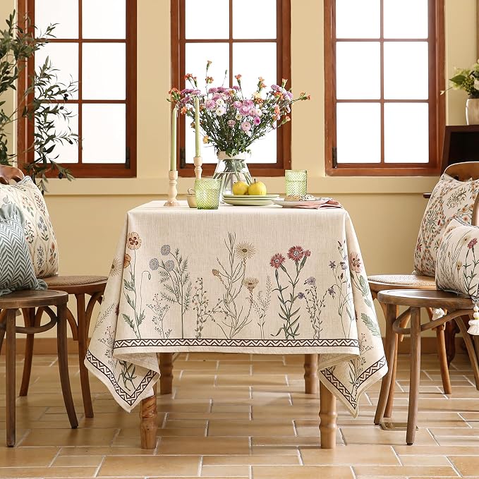 ISAENNE Designer Off White Linen Long Tablecloth Rectangular, Floral Elegant - Image 8