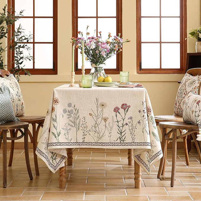 ISAENNE Designer Off White Linen Extra Long Rectangle Tablecloth, Floral - Image 3