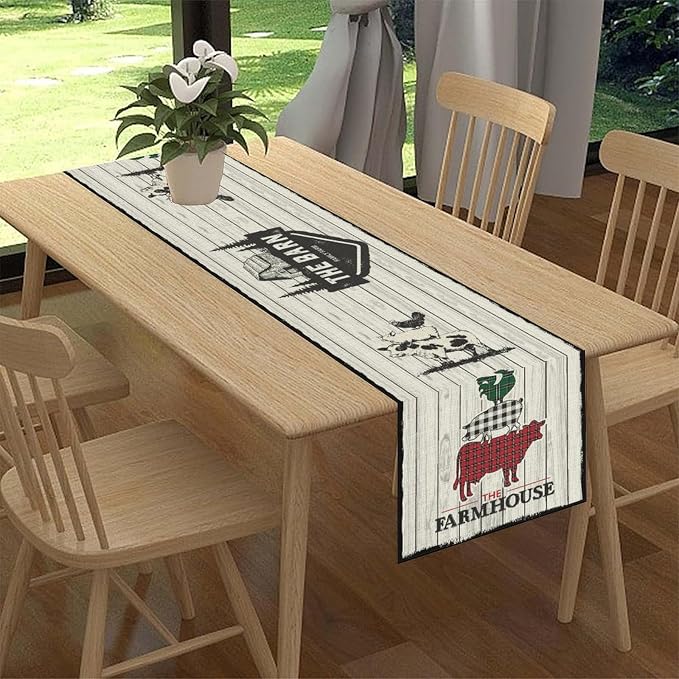 Farmhouse Pig Cow Table Runner, Rustic Black Rooster Animals Coffee Table - Image 2