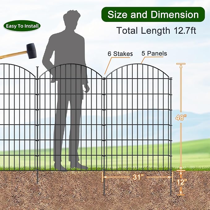 Metal Garden Fence 48in x 12.7ft, 5 Panels + 6 Stakes Dog Fence Border Fence - Image 3