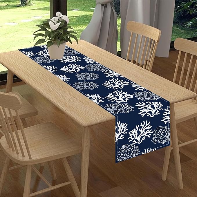 Coastal Table Runner, Summer Seasonal Beach Navy Blue Coral Nautical Tropical - Image 2