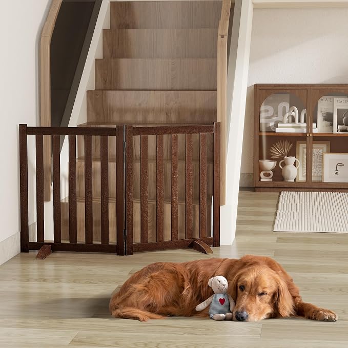 24" Height Tall Freestanding Pet Gate, Solid Wood Folding Safety Fence Wooden - Image 2