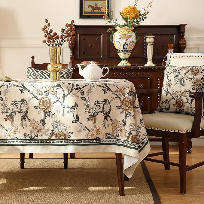 ISAENNE Designer Vintage Linen Long Rectangle Tablecloth, Floral and Bird - Image 2