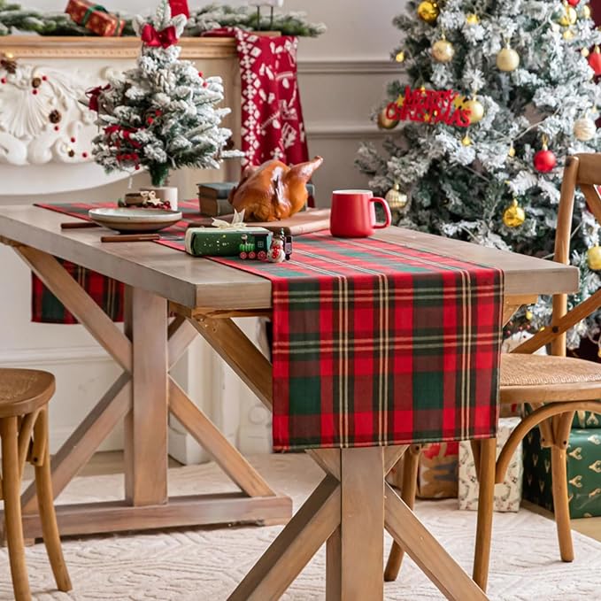 Red Green Gold Plaid Christmas Table Runner, Winter Holiday Table Runners 72 - Image 2
