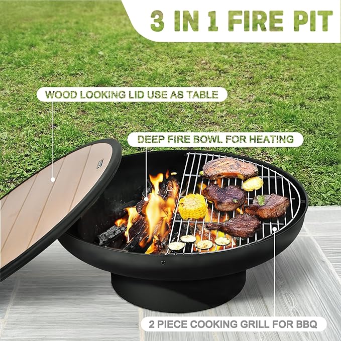 32in Fire Pit Table with Lid, Heavy Duty and Deep Fire Bowl, Outdoor Wood - Image 2
