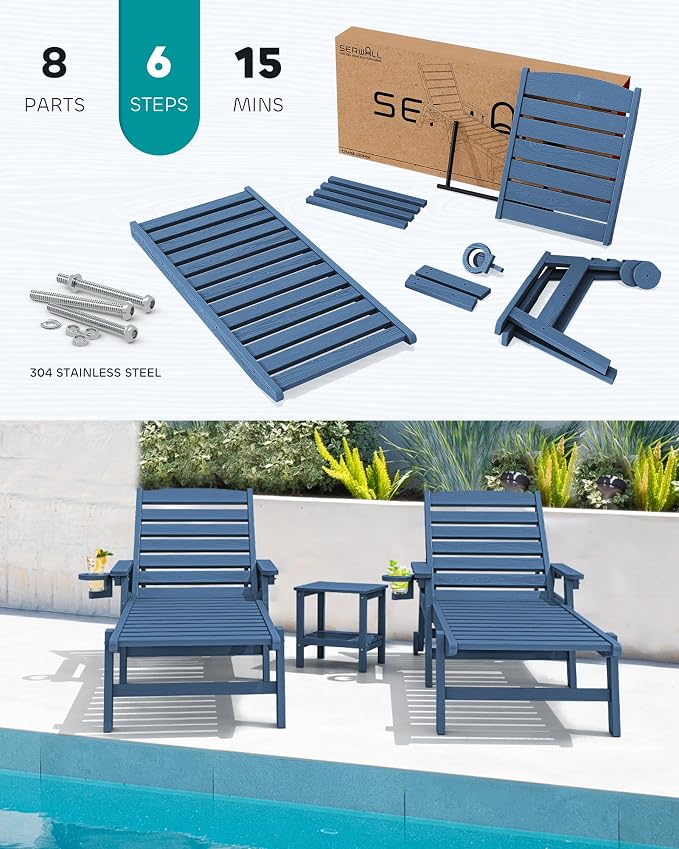 SERWALL Patio Chaise Lounge Chair Set of 2, Poly Lounge Chair - Image 5