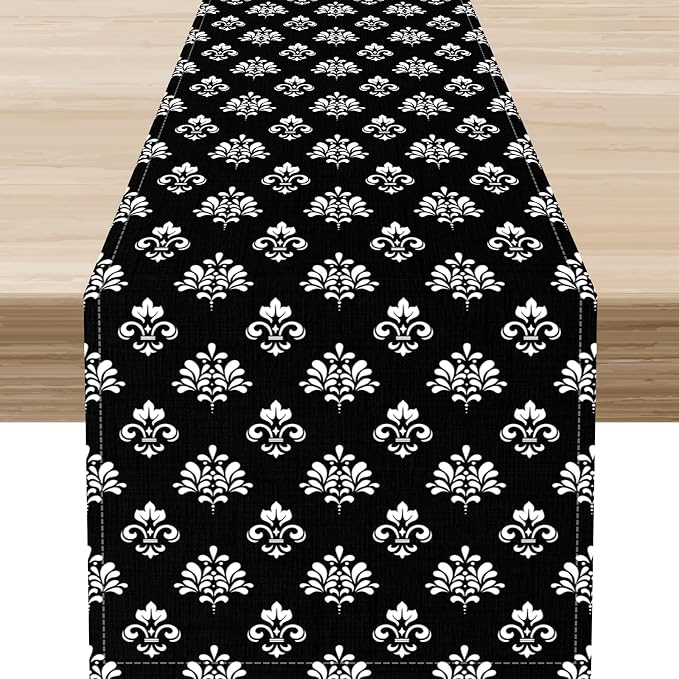 Damask Table Runner, Antique Gothic Black Floral Boho Flower Pattern Rustic by Unknown