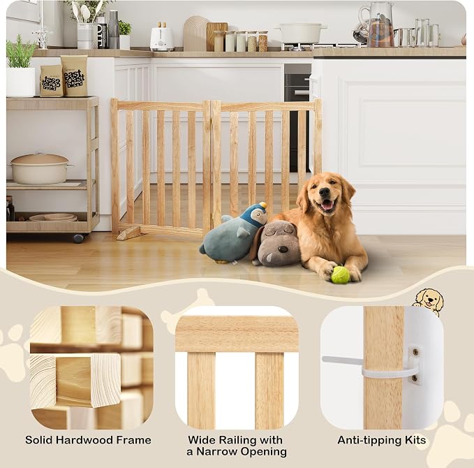 24" Height Tall Freestanding Pet Gate, Solid Wood Folding Safety Fence Wooden - Image 4