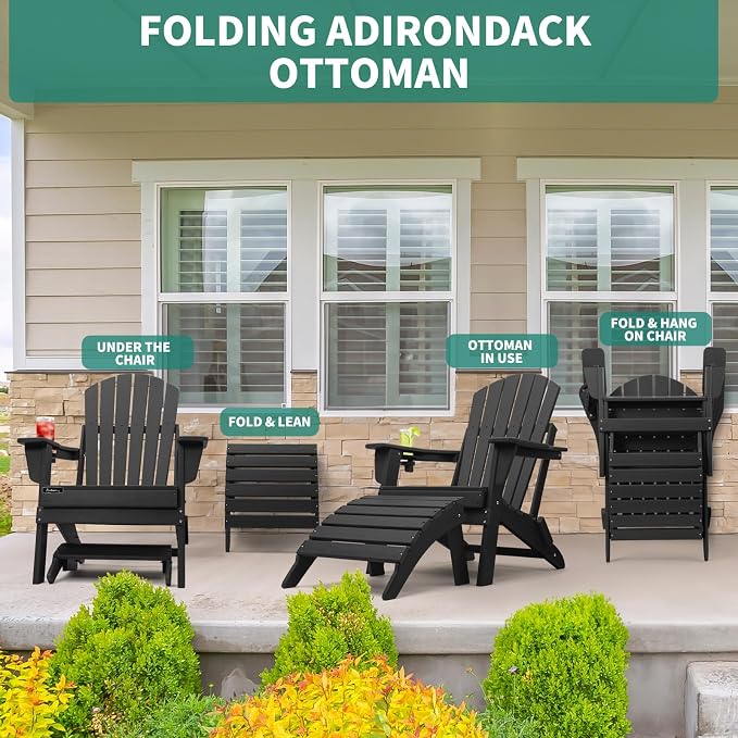 FUNBERRY Folding Adirondack Ottoman, HDPE All Weather Outdoor Foot Rest - Image 7