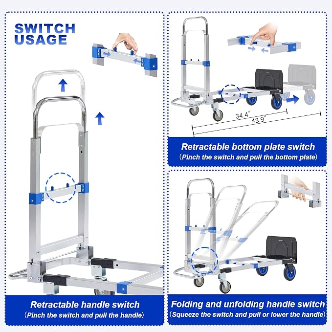 Upgraded 3 in 1 Aluminum Folding Hand Truck, 600lbs Capacity, Heavy Duty - Image 6