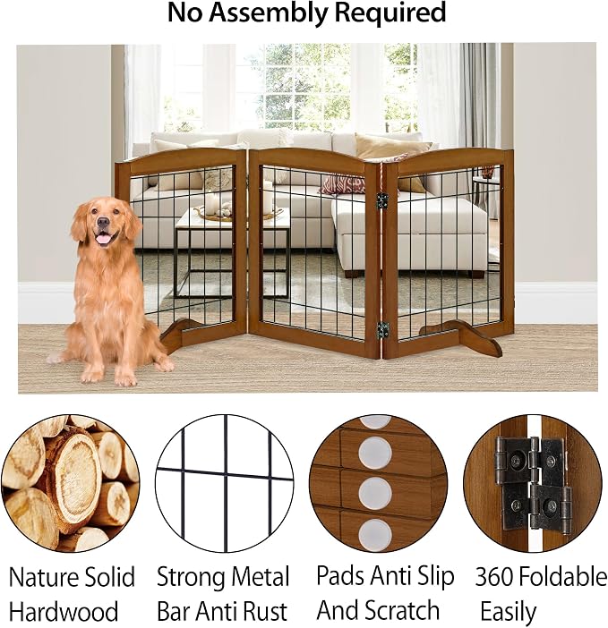 LZRS 3-Panel Freestanding Adjustable Wooden Dog Gate—30" Tall Foldable Pet - Image 3