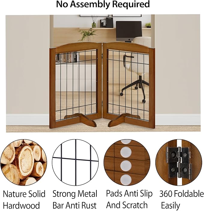 LZRS 2-Panel Freestanding Adjustable Wooden Dog Gate—30” Tall Foldable Pet - Image 3