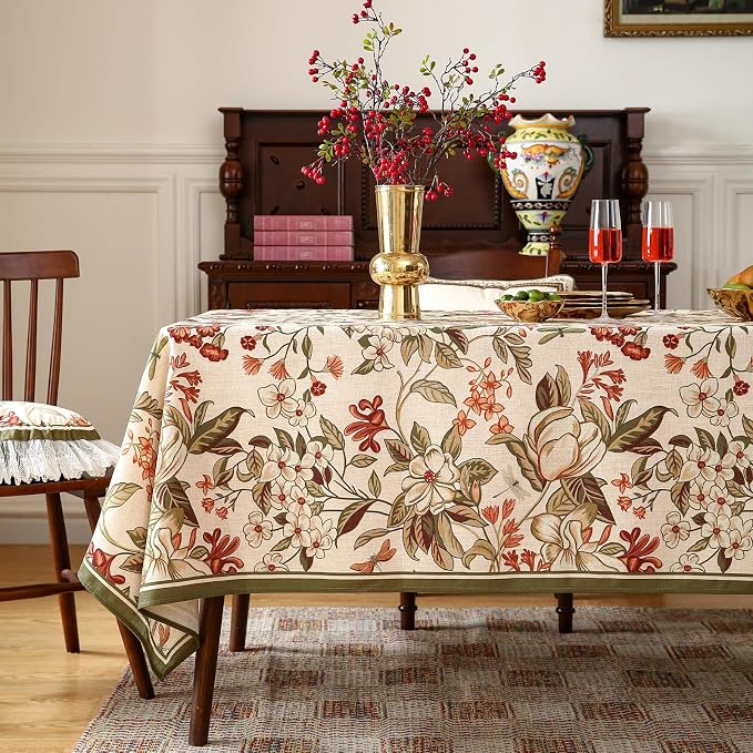ISAENNE Designer Bohemian Linen Long Rectangle Tablecloth, Colorful Floral - Image 2