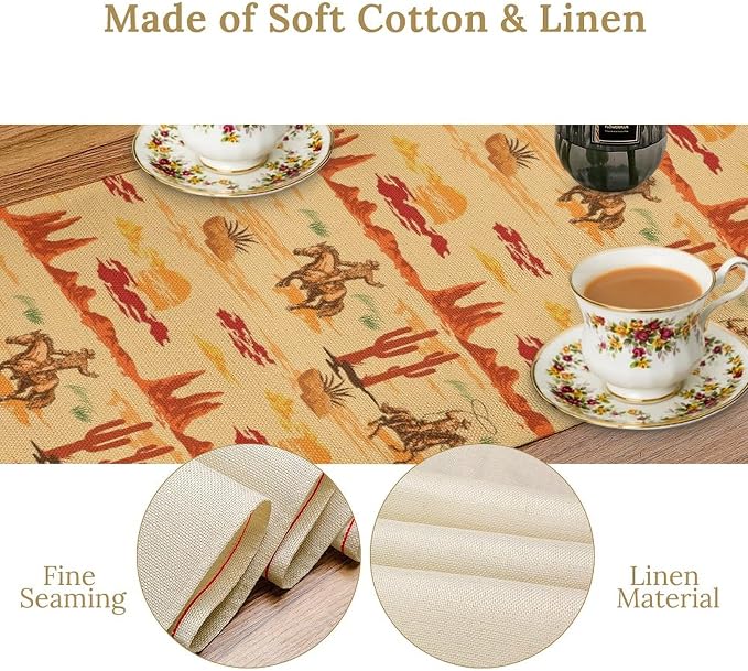 Western Cowboy Table Runner, Wild West Cowboy Ride Horse Desert Cactus Sunset - Image 4