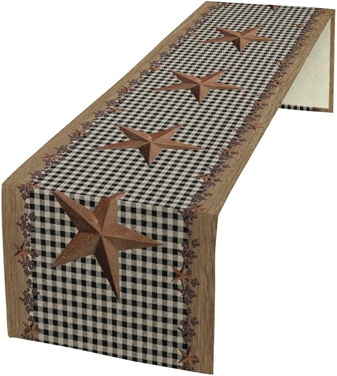 Rustic Star Table Runner, Vintage Wood Barn Black Grid Western Texas Farmhouse by JanJCurt
