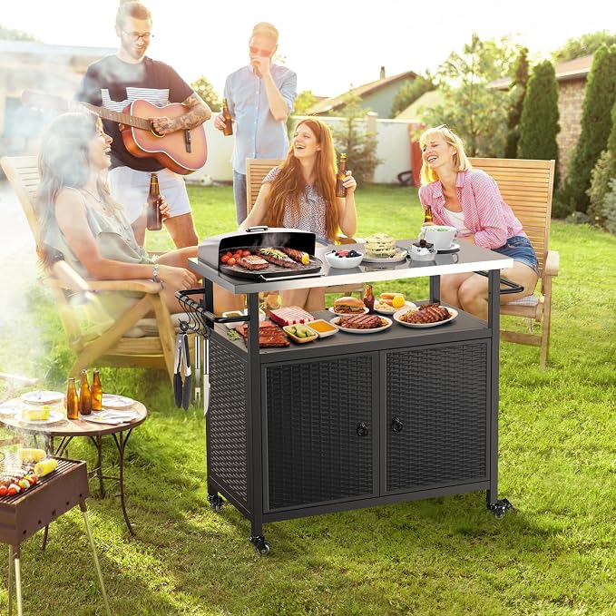 Outdoor Grill Cart with Storage, Outdoor Bar Cart with Wheels, Kitchen Island - Image 5