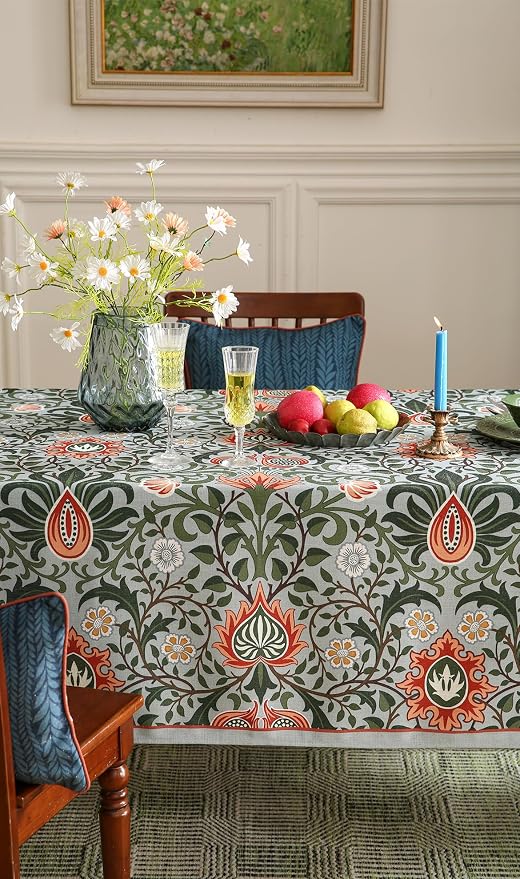 ISAENNE Designer Bohemian Linen Green Extra Long Rectangle Tablecloth, Floral - Image 4