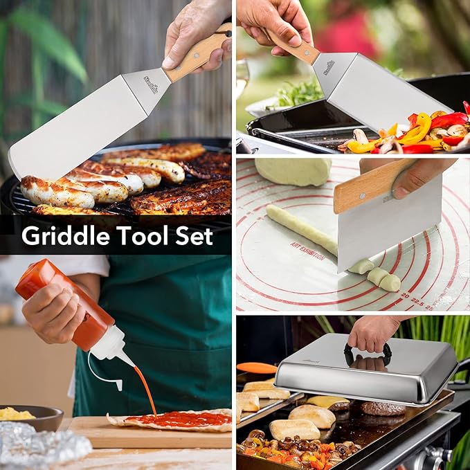 Barbecue Tool Set, 6 Piece Stainless Steel Griddle Kit with Wood Handle