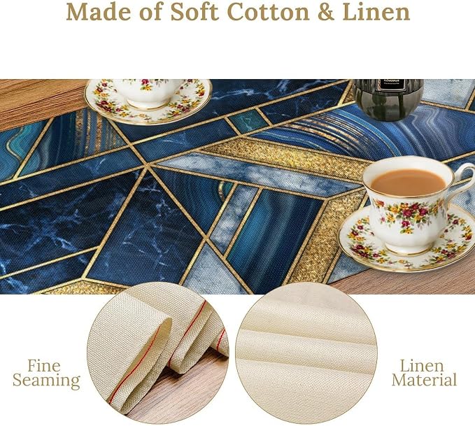 Marble Texture Table Runner, Dark Blue Gold Modern Mosaic Design Table Runner - Image 4