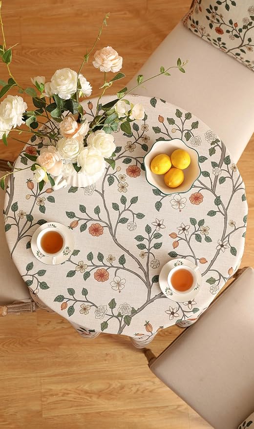 ISAENNE Designer Floral Round Tablecloth, French Linen Light Beige Indoor Table - Image 7