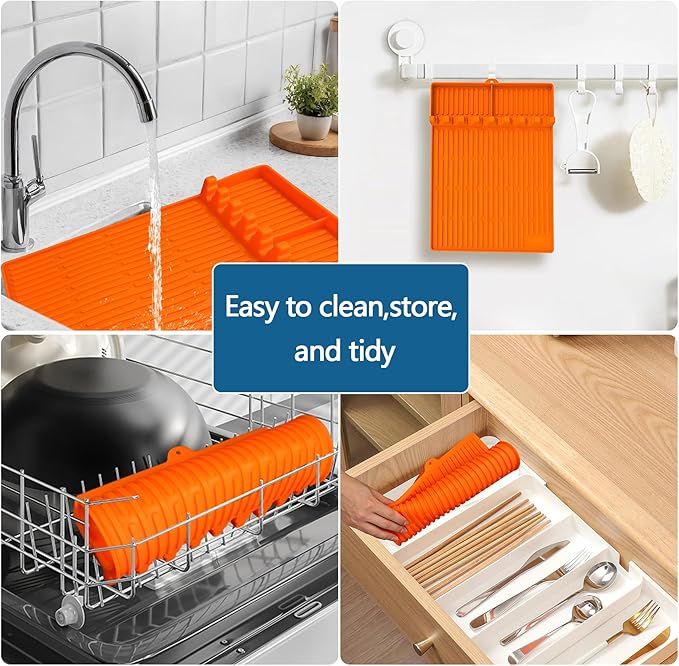 Silicone Grill Mat, 16 x 11.5 Inch Orange with 8 Tableware Slots