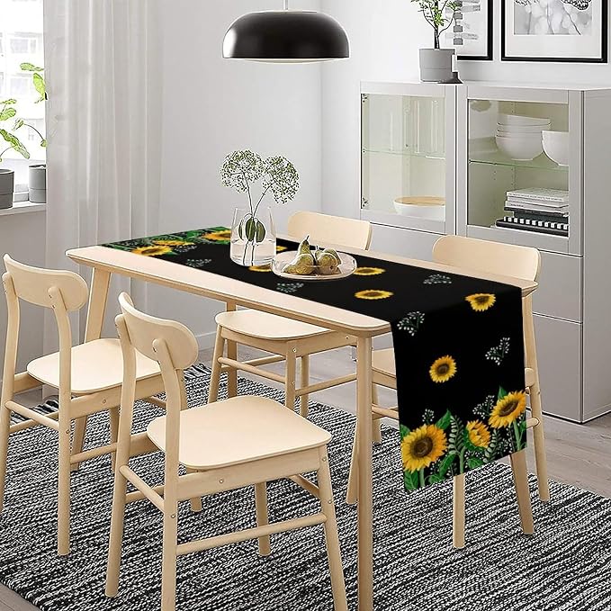 Sunflower Table Runner, Spring Summer Watercolor Floral Plants Leaves Print - Image 4
