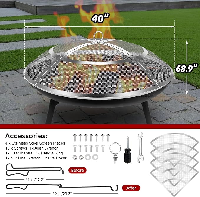 Fire Pit Spark Screen, 40 Inch Fire Pit Screen Cover Stainless Steel Outdoor - Image 2