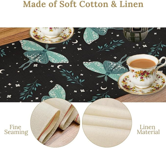 Butterfly Moth Table Runner, Boho Moon Green Leaves Plant Print Table Runner - Image 4