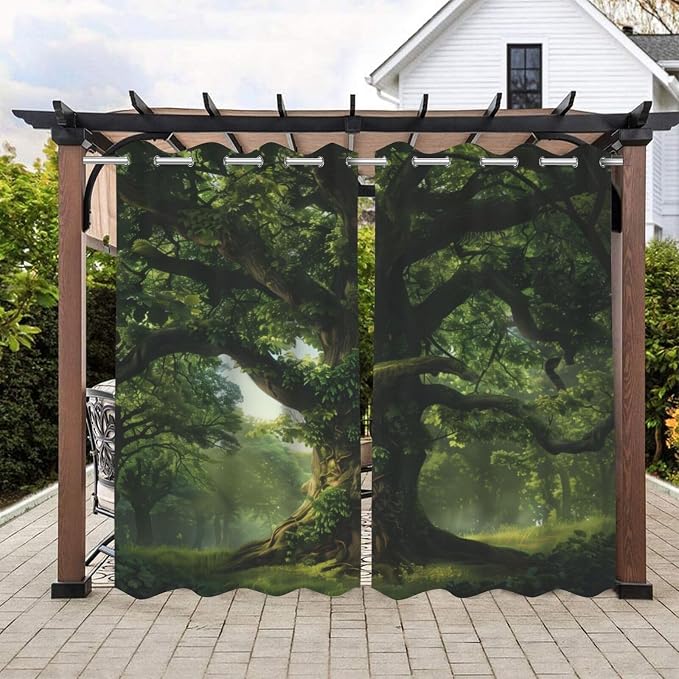 Nature Theme Waterproof Indoor/Outdoor Curtains, Forest Pattern, UV and Fade by Lirduipu