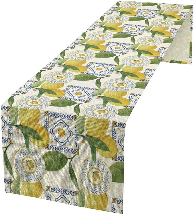 Tiles Lemon Table Runner, Watercolor Italian Tile Floral Plant Print Table by Unknown