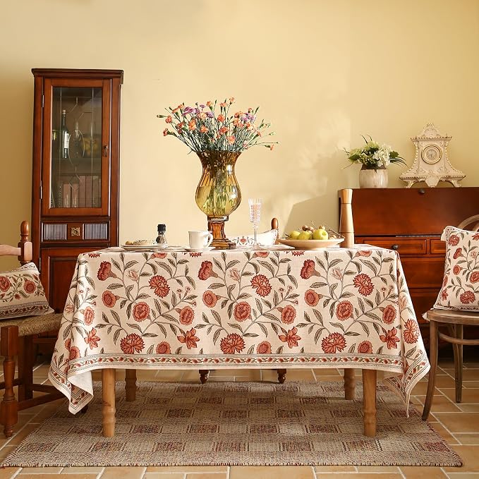 ISAENNE Designer French Extra Long Rectangular Tablecloth, Linen Orange Floral - Image 9