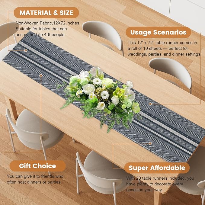 20 Pieces Boho Disposable Table Runners Roll 12x72 Inch, Non-Woven Waterproof - Image 3