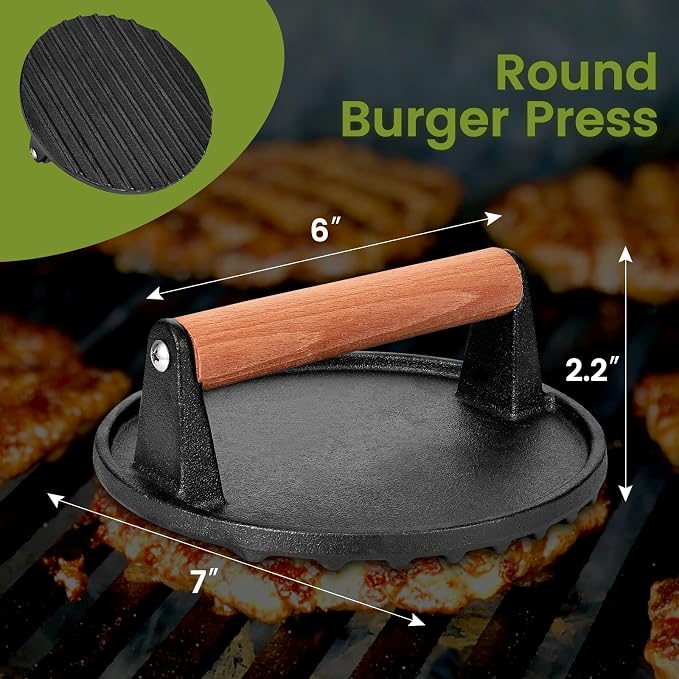 Smashed Burger Press, 7” Round Heavy-Duty Cast Iron Smash Meat Steak - Image 2