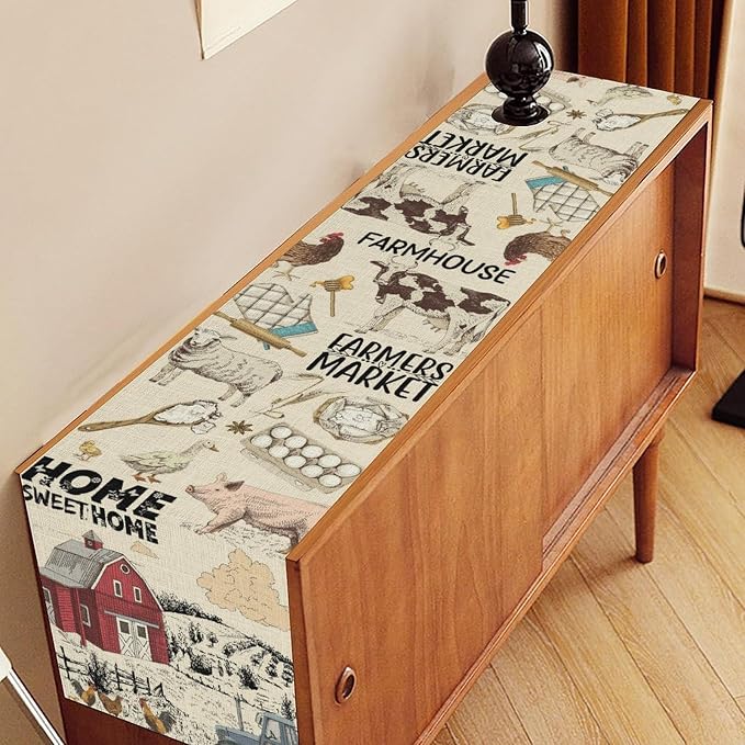 Farmhouse Rooster Table Runner, Rustic Cow Chicken Pig House Animals Coffee - Image 3