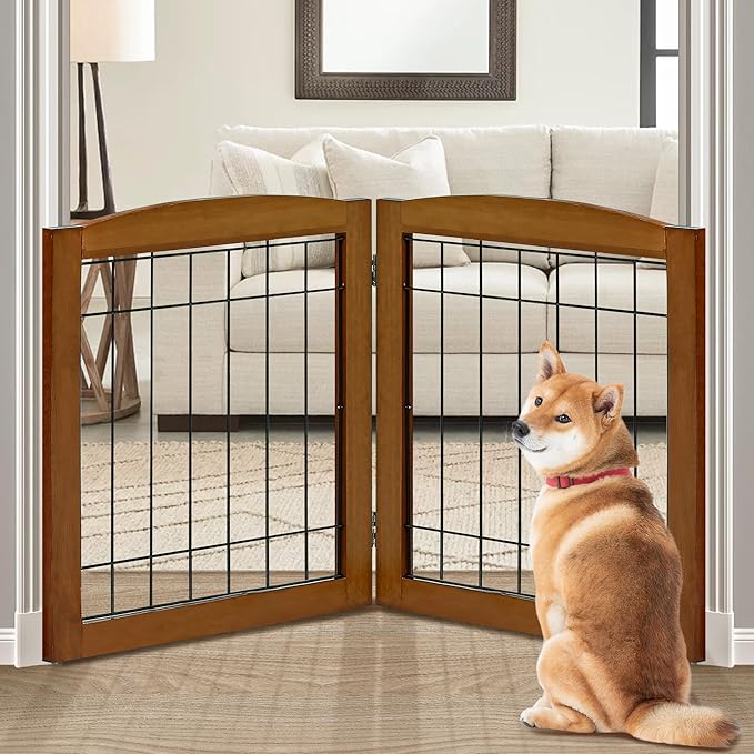 LZRS 2-Panel Freestanding Foldable Wood Dog Gate – Solid Wood & Steel Wire by LZRSPET