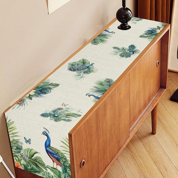 Peacock Table Runner, Traditional Chinese Style Peacock Feather Bird Floral - Image 2