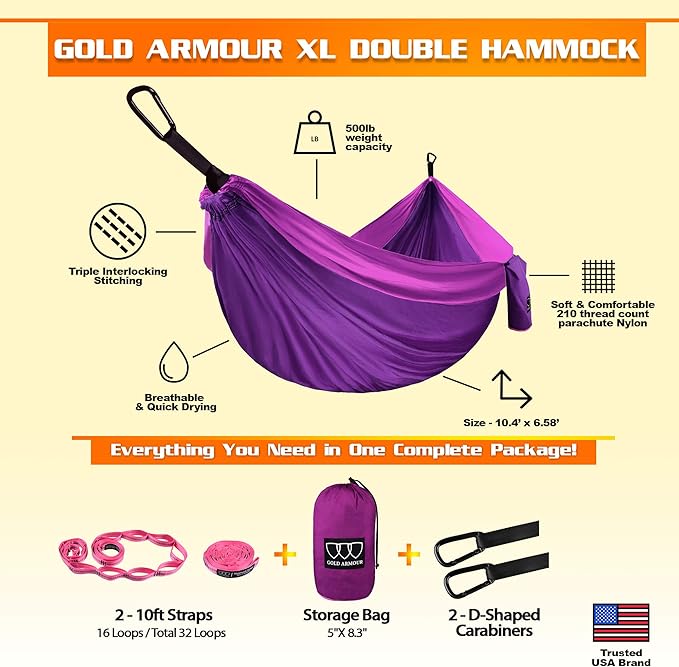 Hammock, Extra Large Double Nylon Hammock with Tree Straps, Purple and Fuchsia