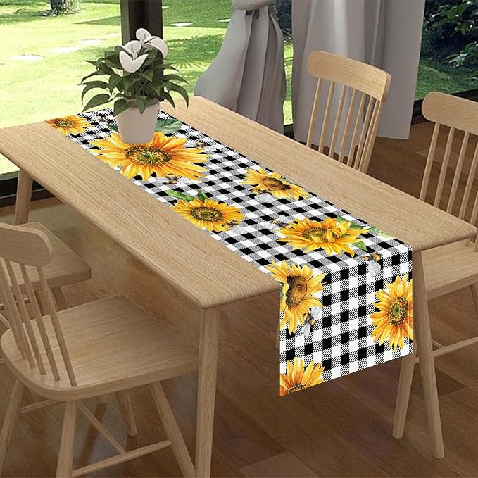 Sunflower Table Runner, Baffalo Plaid Summer Fall Yellow Florals Rustic - Image 2