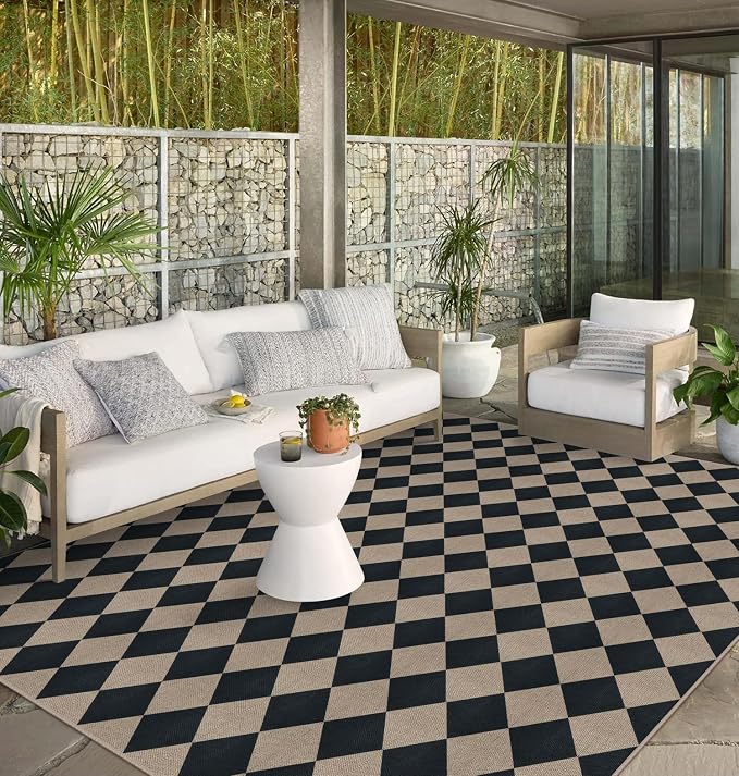 Easy Jute Black Checkered 8x10 Area Rug, Washable Modern Outdoor Rug by Rugalia