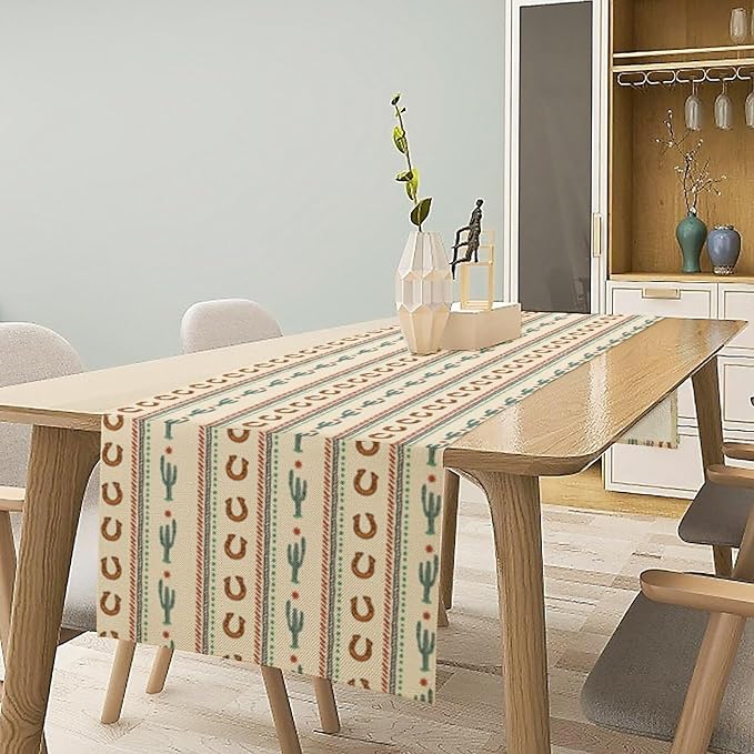 Western Table Runner, Vintage Farmhouse Country Cowboy Horseshoe Cactus Print - Image 3