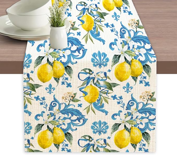 Lemon Flower Table Runner Dresser Scarves Seasonal Linen Tablerunner by Elightvap